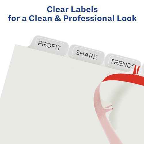 Avery 8 Tab Plastic Dividers for 3 Ring Binder, Easy Print & Apply Clear Label Strip, Index Maker Customizable Frosted White Tabs, 5 Sets (12450)