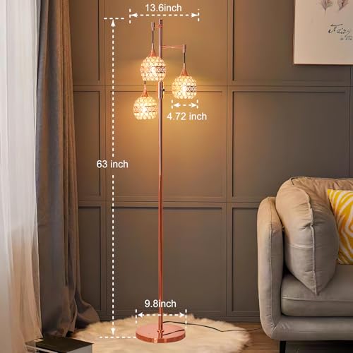 Dimmable Crystal Floor Lamp 3-Light Industrial Floor Lamp for Farmhouse Rose Gold Tree Lamp Standing Lamp with 3 Elegant Crystal lampshades for Living Room Bedroom (Rose Gold)