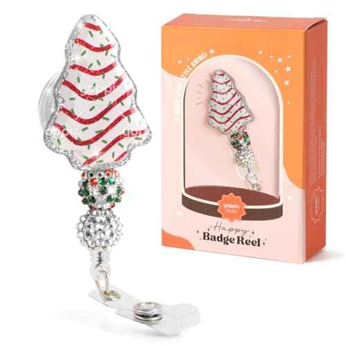 Christmas Tree Badge Reel, Christmas Tree Cake Sparkly Glitter Retractable Badge Reel for Nurses RN EN Doctor Paramedic Teachers Medical Office Womens