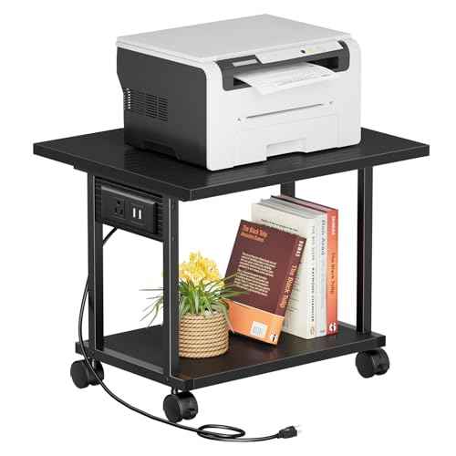 Printer Table, 2-Tier Under Desk Printer Stand with Charging Station, Printer Stand with Wheels, PrinterShelf for Small Spaces, Printer Cart for Home Office Black