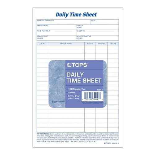 TOPS Daily Employee Time And Job Sheet, 6 x 9.5 Inches, 100 Sheets per Pad, 2 Pads/Pack (30041)