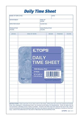 Employee Time Tracking Sheets 6x9.5 Inches, 200 Sheets for Office Records