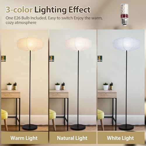 Paper Floor Lamp, Rice Paper Floor Lamp for Living Room, Paper Lantern Lamp with Washi Paper Shade, Ideal for Bedroom, Office, Reading Room Black Pole Light with Bulb