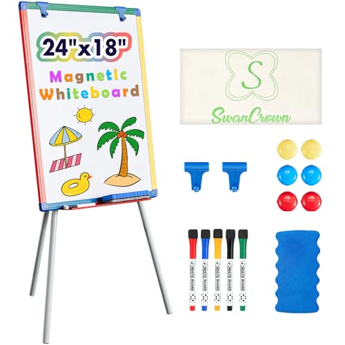 Multicolor Kids Standing Whiteboard with Adjustable Height 24x18 inch Magnetic Easel & Flipchart for Learning