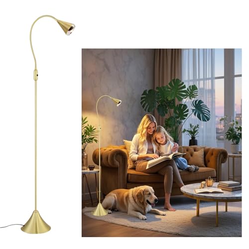 HomeFocus - LED Floor Lamp,Standing Lamp for Reading,Eye-Caring,Stepless Dimming,Floor Lamp for Living Room,Bedroom,LED 5W,Energy Efficient Super Bright (Metal,Gold)