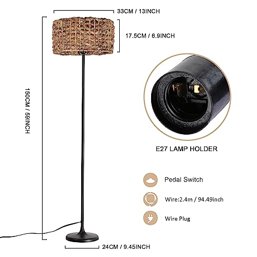 Bamboo Rattan Floor Lamp for Living Room, Boho Hand-Worked Woven Cylinder Lampshade Standing Lamp with Foot Switch, Industrial Black Tall Floor Light Decoration for Bedroom, Farmhouse