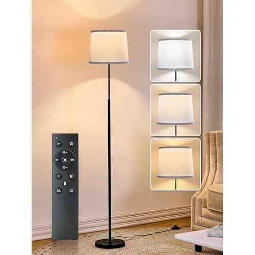 60" Modern Floor Lamp for Living Room Bedroom, Standing Lamp with White Linen Lampshade, Remote and Foot Switch, Tall Lamp with A19 9W 3000K-6000K Color Temperature 10%-100% Brightness Dimmable Bulb