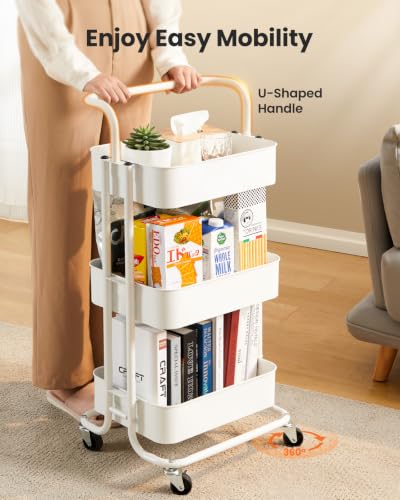 Pipishell 3-Tier White Rolling Utility Cart with Wheels & Handle