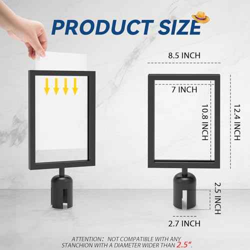 2 Pcs Stanchion Sign Holder 8.3 x 11.7, Portrait Post Top Stand Poster Display, Double Sided Sign Frame with Cover for Crowd Control Queue Barrier Sentry Stanchions Black Iron