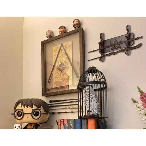 Handicraftviet Wand Display Stand Wall Mount, Handmade Carved Wooden Holder Wands 3 Tiered for Collection, Black (3 slot wand stand)