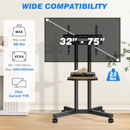 Rfiver Mobile TV Cart with 4-Outlet Power Socket, 32-75 Inch TV Stand (Black, 23-75")