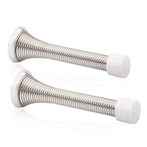 2 Pack Spring Door Stopper Brushed Satin Nickel- 3-1/4" Flexible Spring Door Stops with White Rubber Bumper Tips