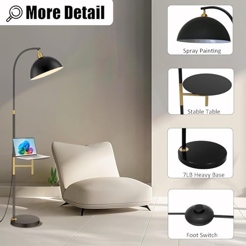Floor Lamp with table Industrial Adjustable Height Arc Floor Reading Lamp with Shelves End Table Floor Lamp for Living Room Arc Black Standing Reading Lamp with Tray for Bedroom Office (Black White)