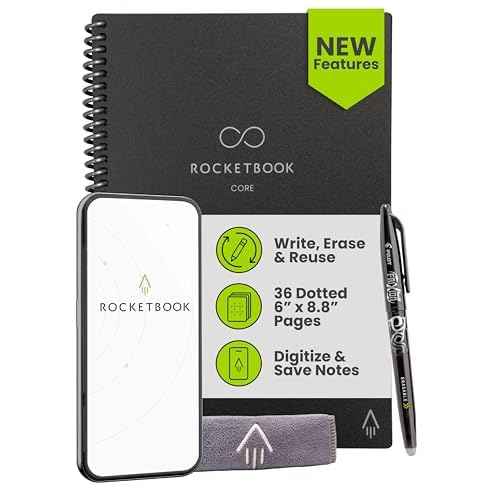 Rocketbook New Core Reusable Spiral Notebook, Executive Size 6x8.8, Black - Dotted Pages, App-Connected, Erasable, Durable Cover, Ideal for School, Work, and Creative Projects