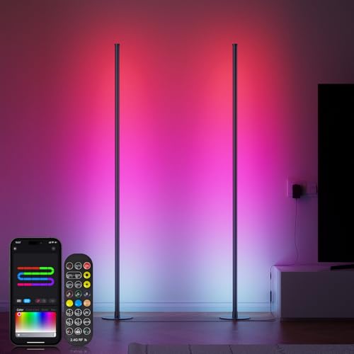 Corner Floor Lamp, Smart Dual LED Corner Lamp with APP and Remote Control, RGB+ICW Ambient Lighting Music Sync &16 Million Colors, 55" Standing Lamps for Living Room Gaming Bedroom (1 Pair)