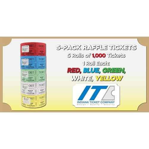 INDIANA TICKET CO. Raffle Double Roll, 5 Rolls 1,000 Tickets, 1 Roll Each Red, Blue, Green, White & Yellow, Premium Quality 50/50, Events Tickets(Pack of 5)