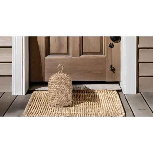 PEMAR Natural Wicker Door Stopper with Handle, Decorative Door Stop, Heavy Indoor Doorstop, Rustic Farmhouse Blocker Jammer 5.1''D x 7.5''H (Seagrass)