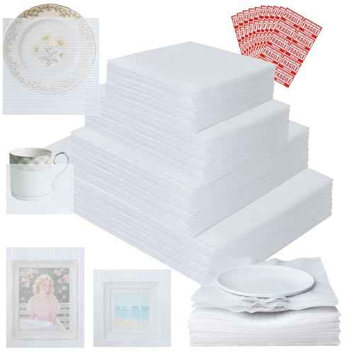 350 Pcs Dish Packing Supplies for Moving, 250 Cushion Foam Pouches and Sheets, 4 Sizes (16x12'', 12x12'', 12x8'', 8x8'') with 100 Fragile Stickers, Foam Pouches for Packing, Storage, Shipping