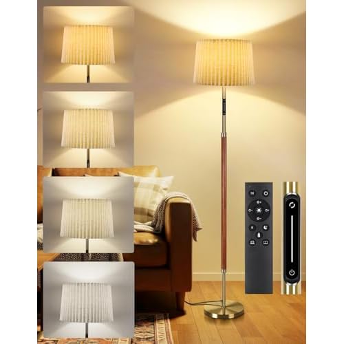 OUTON Wood Floor Lamp, Mid Century LED Modern Dimmable Standing Lamp with Remote & Touch Control, 4 Color Temperatures, Tall Floor Lamps for Living Room, Bedroom, Office, Walnut