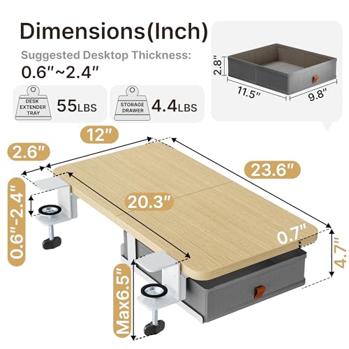 Desk Extender Tray, 24" x 12" Clamp On Desk Shelf, Desk Extension with Storage Drawer, Table Desk Arm Rest, Clamp On Keyboard Tray for Office and Home, Workstation Organizer, Medium, Wood