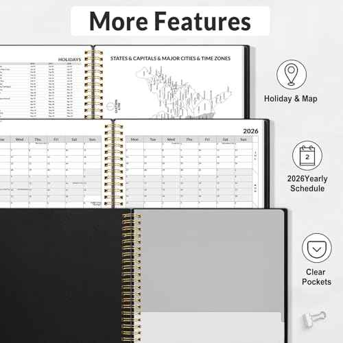 SUNEE 2026 Appointment Book, Quarter-Hourly, Weekly & Monthly - from January 2026 - December 2026, 8.5"x11" Weekly Planner, Flexible Cover, Note Pages, Pockets, Bookmark, Spiral Binding, Black