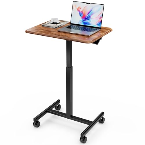 Simple Deluxe Standing Desk Small Rolling Desk with Lockable Wheels, Mobile Stand Up Desk Adjustable Height, Portable Laptop Desk, Small Computer Standing Table Sit Stand Brown