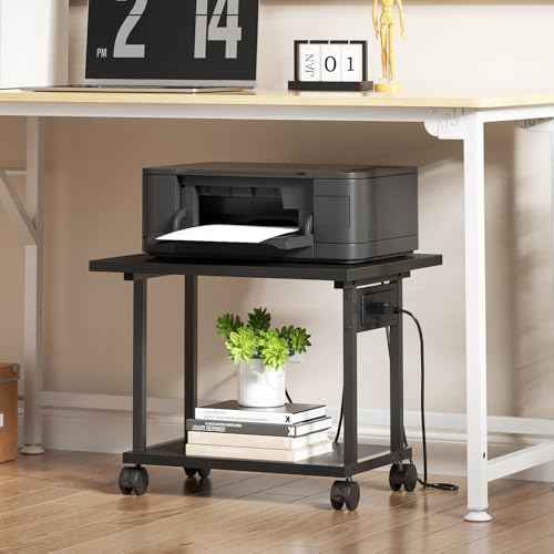 Printer Table, 2-Tier Under Desk Printer Stand with Charging Station, Printer Stand with Wheels, PrinterShelf for Small Spaces, Printer Cart for Home Office Black