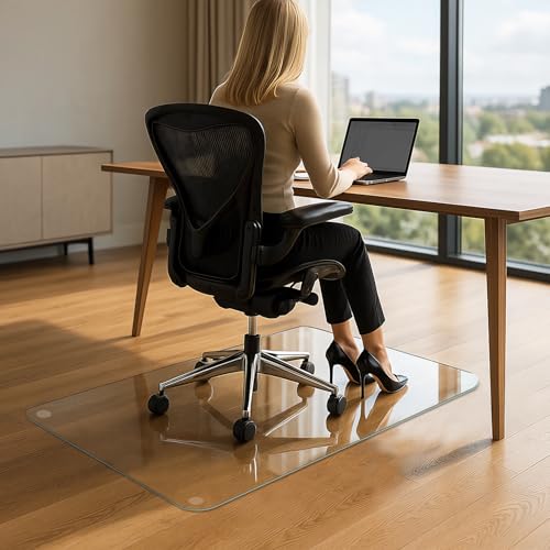VASUHOME Heavy-Duty Tempered Glass Chair Mat, 31 x 48 Inch Large Office Floor Mat for Carpet or Hardwood Floors, 1/5" Thick with 12 Anti-Slip Pads