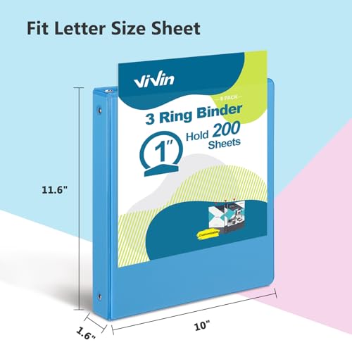 ViVin 1 Inch Round Ring View Binder for Durability, Standard 3 Ring Binder for 200 Sheets of US Letter Size Paper, PVC-Free, 12-Pack (Assorted)