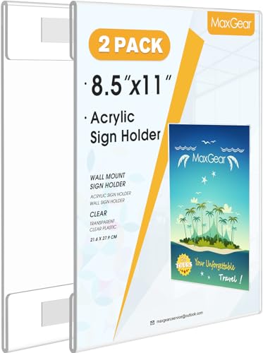 MaxGear 8.5 x 11 Wall Mount Acrylic Sign Holder 2-Pack with Tape – Vertical, Easy Install Adhesive Display