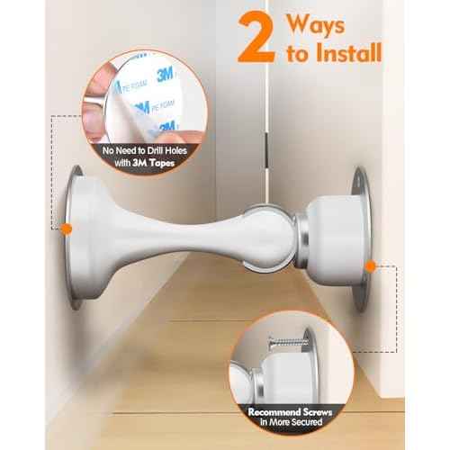 Door Stoppers, Magnetic Door Stop, Stainless Steel, 6 Pack Magnetic Door Catch, 3M Double-Sided Adhesive Tape, No Drilling, Screws for Stronger Mount, Hold Your Door Open, for Wide Doors