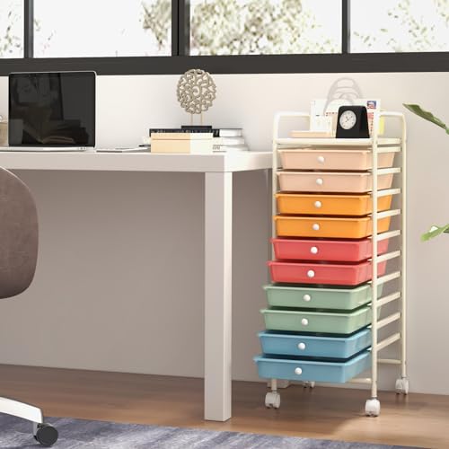 HOMGX Storage Cart with 10 Drawers, 10 Tiers Rolling Drawer Cart with 2 Lockable Wheels, Slim Rolling Storage Cart for Office/School/Home, Macaron