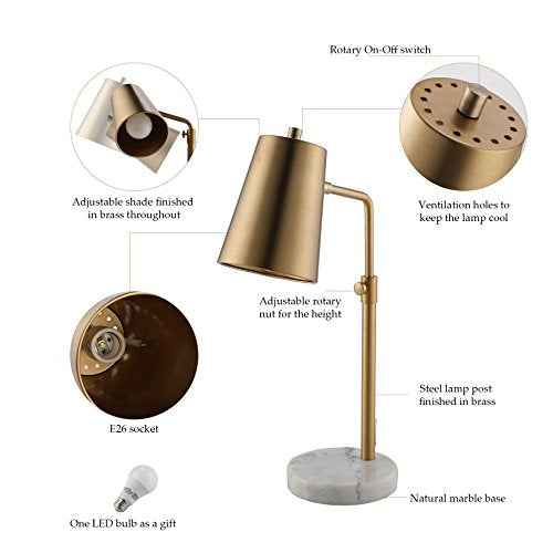 VONLUCE Gold Desk Lamp with LED Bulb Adjustable, Antique Brass Metal Table Lamp Marble Base, Mid Century Modern Reading Lamp Office, 20¡¯¡¯ Industrial Task Lamp Work Lamp for Reading Bedroom