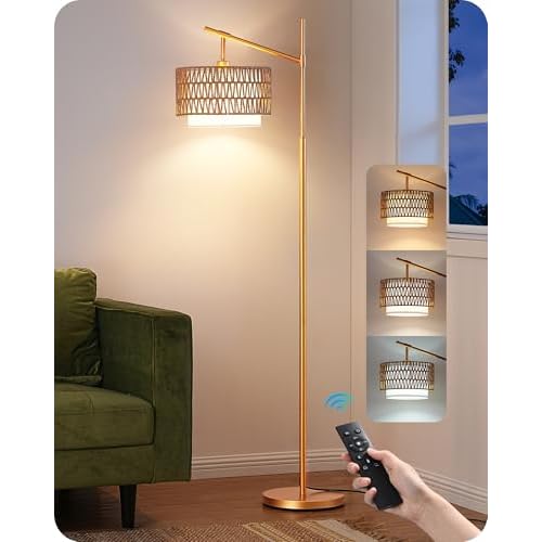 EDISHINE Rattan Arc Floor Lamp with Remote,Gold Farmhouse Standing Lamp with Dimmable LED Bulb,Rattan & Fabric Double Shades,Foot Switch,Adjustable Wicker Floor Lamps for Living Room, Bedroom, Nursery
