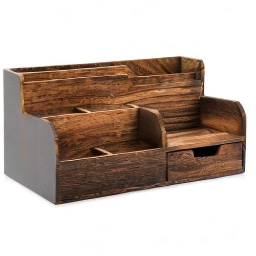Pumtus Brown Wooden Mail Organizer, Desk Organizer with 7 Compartments and Drawer, Rustic Mail Sorter with Pen Holder, Tabletop Mail Basket, Office Accessories Holder for Pen File Letter Document