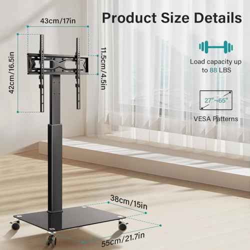 Black Mobile TV Stand with Wheels for 27-65¡±LED LCD OLED Flat Curved Screen Outdoor TVs Height Adjustable Floor TV Cart Max VESA 400x400mm, Rolling TV Stand Holds Up to 88lbs