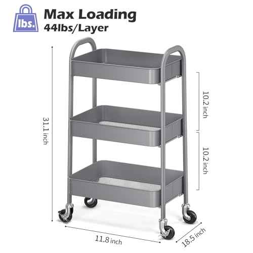 TOOLF Metal Utility Cart No Screw, 3-Tier Easy Assemble Utility Serving Cart, Sturdy Storage Trolley with Handles & Lockable Wheels for Kitchen Garage Bedroom Bathroom, Pure Grey