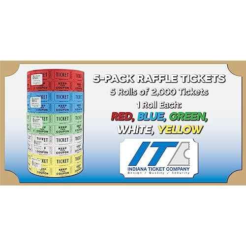INDIANA TICKET CO. Raffle Tickets Double Roll, 5 Rolls 2,000 Tickets, 1 Roll Each Red, Blue, Green, White & Yellow, Premium Quality 50/50, Events Tickets (Pack of 5)