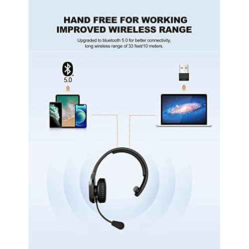 TECKNET Trucker Bluetooth Headphones with Microphone Noise Canceling Wireless On Ear Headset, Hands Free Wireless Headset for Cell Phone Computer Office Home Call Center Skype (Black)