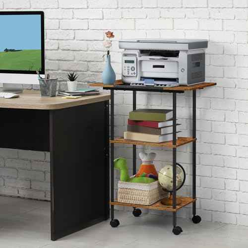 Shinoske Printer Stand with Storage,3 Tier Large Printer Table with Wheels for Home Office,Rolling Cart with Storage Shelf,for 3D Printer,Scanner Fax,Shredder,Rustic Brown