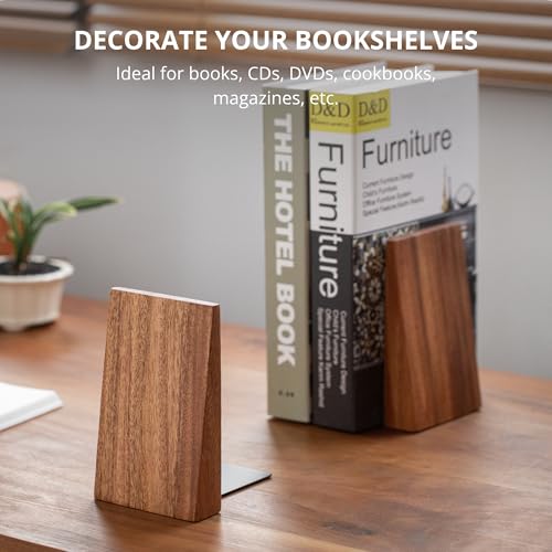 Muso Wood Brown Book Ends - Thickened Wooden Bookends for Heavy Books, Handmade Acacia Decorative Shelving Support