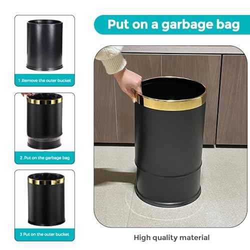 3.7 Gallon/14L Black Bathroom Trash Can Metal, Double Walled Waste Paper Basket, Bathroom Garbage Can, Elegant, Modern Office Waste Basket, for Bedroom, Kitchen, Hotel, Cafe, Business(14L black)