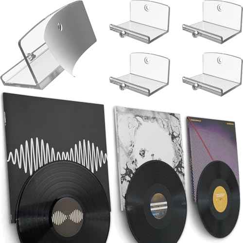 Modern JP Adhesive Vinyl Wall Mount (4-Pack) ? Dual Display Album and Disc, Strong Hold Record Holder Wall, Record-Safe Easy Installation, Album Wall Mount for 1LP and 2LP ? Clear