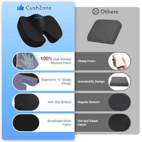 CushZone Memory Foam Seat Cushion for Office & Car Black Large