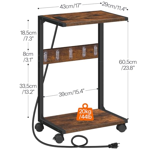 HOOBRO Rustic Brown 2-Tier Computer Tower Stand with Charging Station, Locking Casters