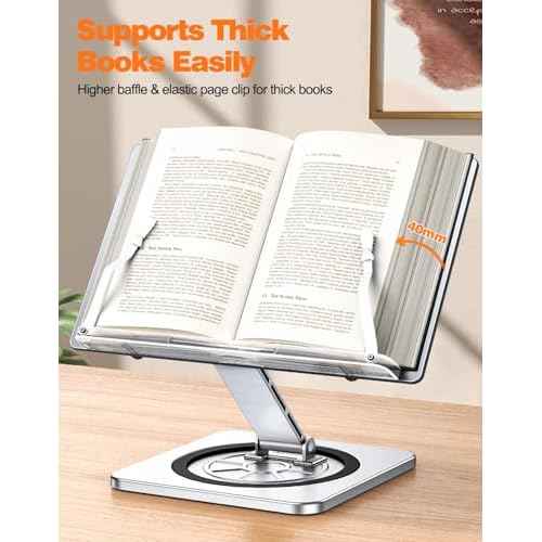 Book Stand for Reading, Book Holder with 360¡Æ Swivel Base & Elastic Page Clips, Adjustable Cookbook Stand for Kitchen Counter, Recipe/Textbook/Music Scores Stand for Desk