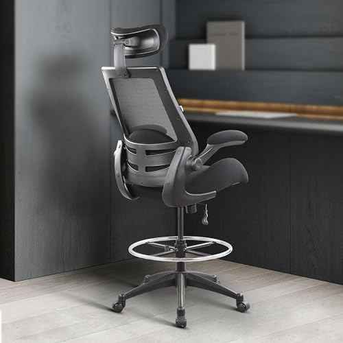 BOLISS 400lbs High Back Wide Computer Office Drafting Chair Flip up Armrests Lumbar Support Adjustable Big Footrest Ring(Black)