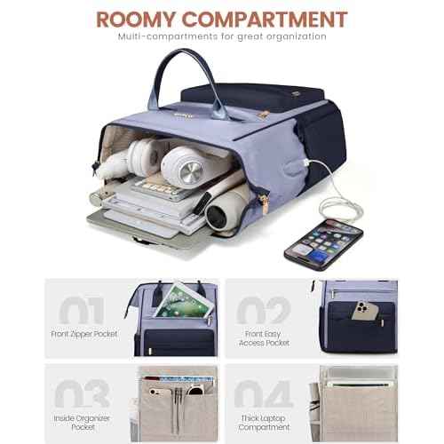 LOVEVOOK Laptop Backpack for Women 15.6 Inch, Travel Backpack with USB Charging Port Large Capacity Laptop Bag, Waterproof Bag for Business College Airline Approved Work Backpack(Grey Navy)