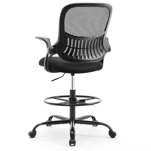 Sweetcrispy Tall Drafting Desk Chair - Ergonomic High Stool Computer with Adjustable Height and Comfy Lumbar Support, Office Rolling Counter with Flip-up Arm and Footrest, Black