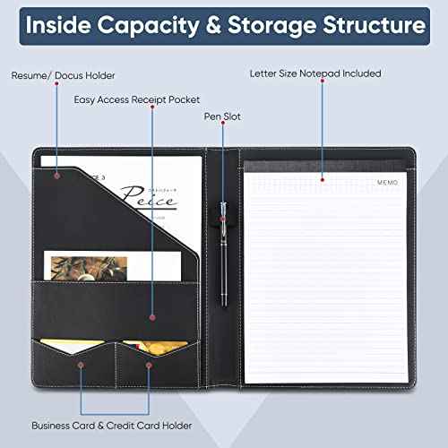 Pacific Mailer Padfolio Portfolio Leather Binder, Interview Legal Document Organizer, Business Card Holder Included Letter Sized Writing Pad [Piano Noir Faux Leather Matte Finish]